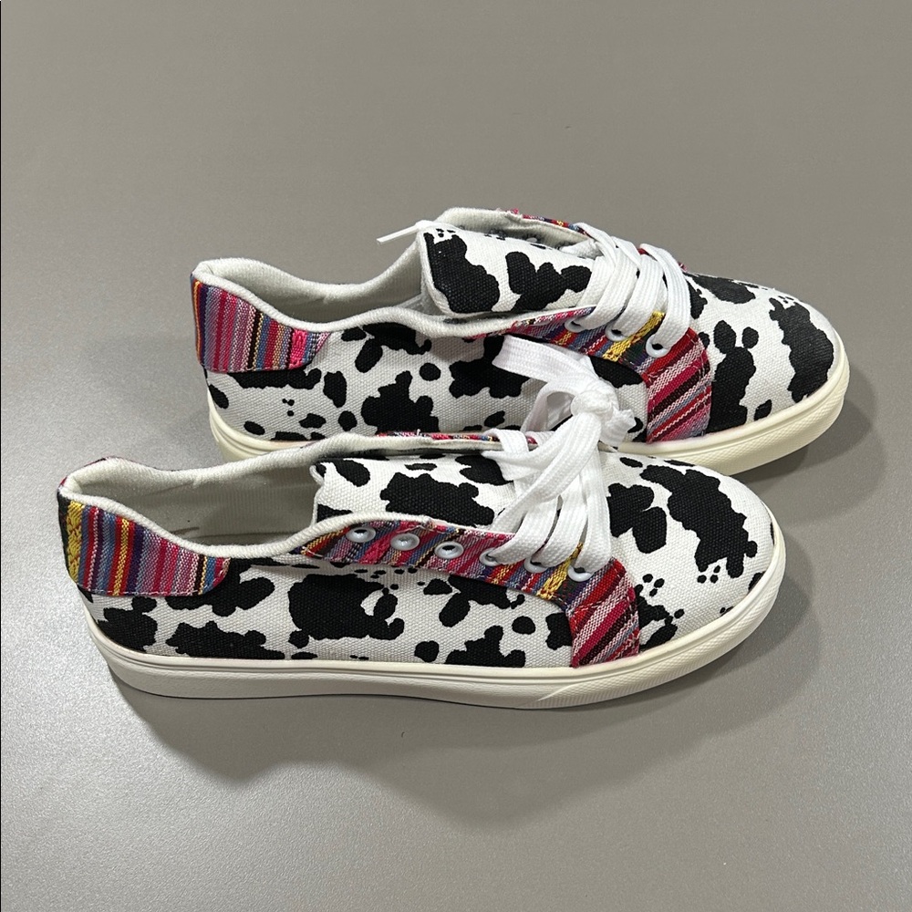 Cow Print Sneakers with Colorful Stripes